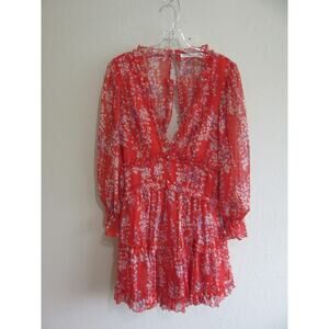 SAINTS SECRETS Coral Floral Ruffles Layered V-Neck Cutout Back M Mini Dress